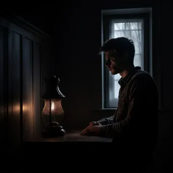 A person staring at a solitary lamp in a dark room - Image 1