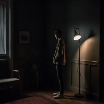 A person staring at a solitary lamp in a dark room - Image 3