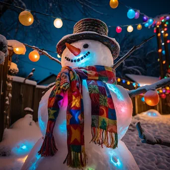 Snowman decorated with a scarf in a snowy yard - Image 2