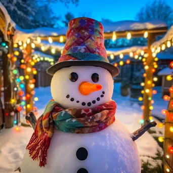 Snowman decorated with a scarf in a snowy yard - Image 3