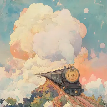 Soft watercolor of a magical train journey through dreamy landscapes - Image 1