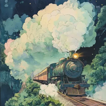 Soft watercolor of a magical train journey through dreamy landscapes - Image 3