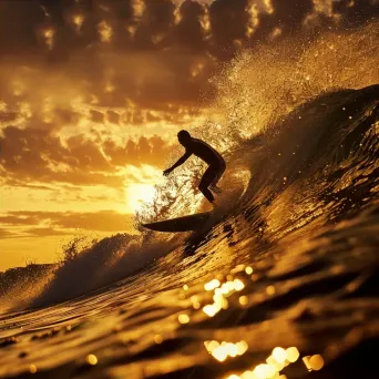 Surfer riding a wave at sunset