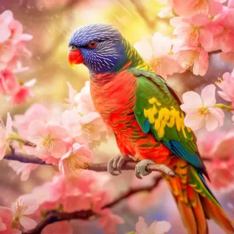 Rainbow lorikeet perched on a blooming cherry blossom branch - Image 1