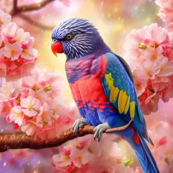 Rainbow lorikeet perched on a blooming cherry blossom branch - Image 4