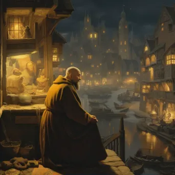 Image of contemplative monk in city night - Image 1