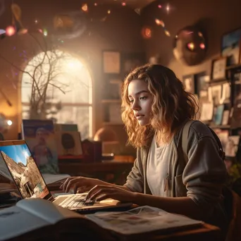 Woman engaging in an online class with a laptop and study materials. - Image 2