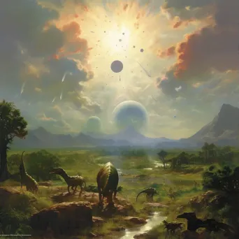 Illustration of a lush, green alien world with oversized wildlife under a sky with multiple suns - Image 3