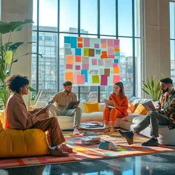 Diverse professionals brainstorming with sticky notes in a well-lit room - Image 1