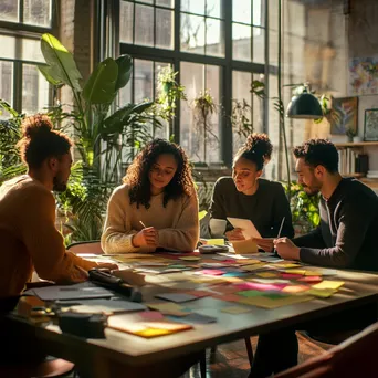 Diverse professionals brainstorming with sticky notes in a well-lit room - Image 3