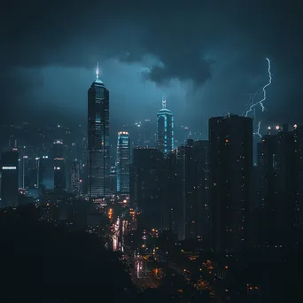 Thunderstorm with rain and lightning over a city skyline. - Image 3