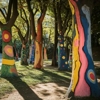 Colorfully painted trees in a public park as a statement of environmental consciousness - Image 1