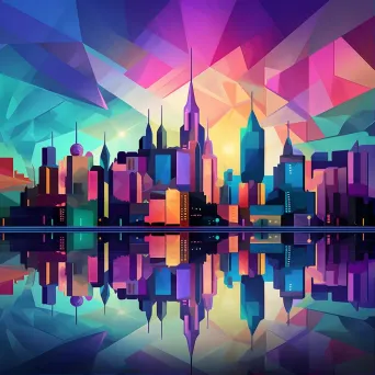 Abstract skyline of Art Deco buildings at twilight in low poly style - Image 1