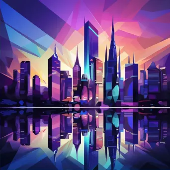 Abstract skyline of Art Deco buildings at twilight in low poly style - Image 2