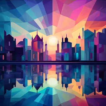 Abstract skyline of Art Deco buildings at twilight in low poly style - Image 3