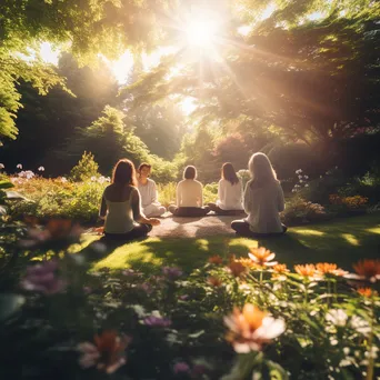 Individuals meditating in a lush garden surrounded by flowers. - Image 1