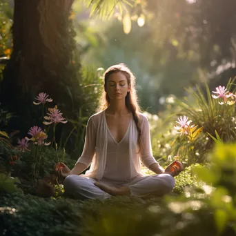 Individuals meditating in a lush garden surrounded by flowers. - Image 2