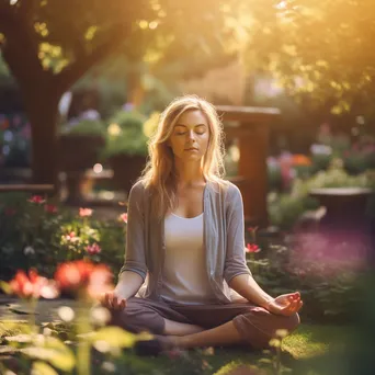 Individuals meditating in a lush garden surrounded by flowers. - Image 4