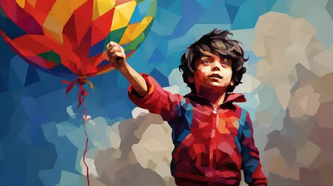 Vibrant and playful low poly portrait of a child holding a balloon - Image 1