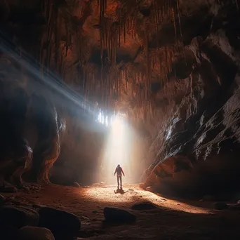 Spelunker surrounded by intricate cave formations and light beams - Image 3