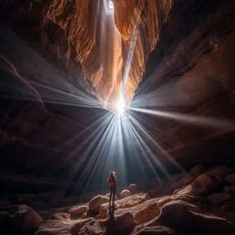 Spelunker surrounded by intricate cave formations and light beams - Image 4