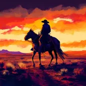 Lone cowboy riding across a wide open prairie at dusk - Image 2