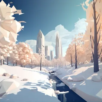 Winter-themed low poly artwork of a snow-covered city park - Image 2