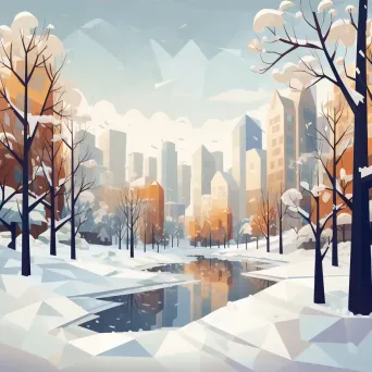 Winter-themed low poly artwork of a snow-covered city park - Image 3