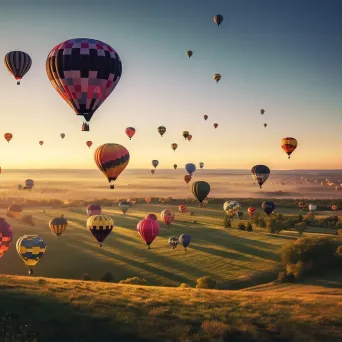 Hot air balloons flying over a field of colorful balloons in different shapes and sizes - Image 1