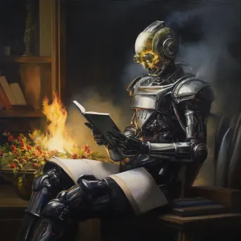 Oil paint depiction of an android reading banned literature, stirring discussions on AI and freedom - Image 3