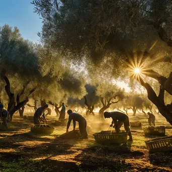 Group of workers harvesting olives in a vibrant olive grove at sunrise. - Image 3