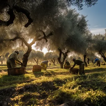 Group of workers harvesting olives in a vibrant olive grove at sunrise. - Image 4