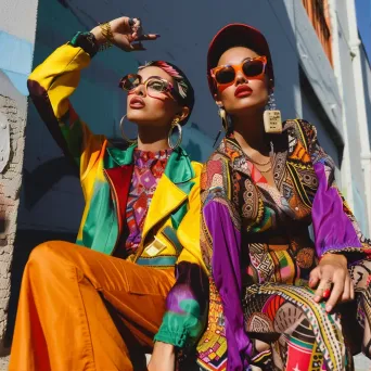 Eclectic urban retro fashion fusion editorial scene with vibrant colors and bold patterns - Image 1