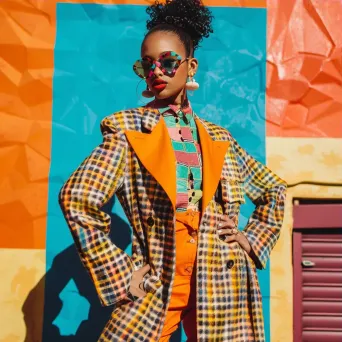 Eclectic urban retro fashion fusion editorial scene with vibrant colors and bold patterns - Image 3