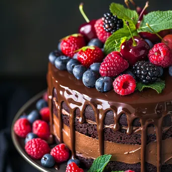 Close-up of chocolate cake with ganache and fresh berries - Image 1