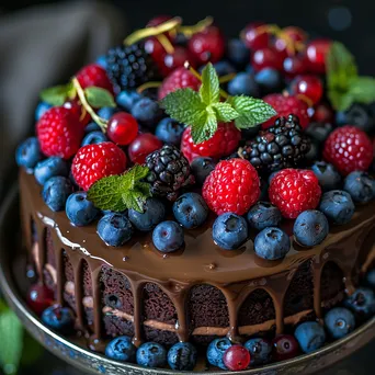 Close-up of chocolate cake with ganache and fresh berries - Image 2