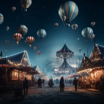 Balloons floating away from an abandoned carnival under soft moonlight, giving a surreal effect. - Image 1