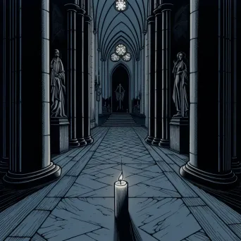 Single candle flickering in a dark, empty cathedral in an image generated by a prompt. - Image 1