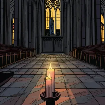 Single candle flickering in a dark, empty cathedral in an image generated by a prompt. - Image 2