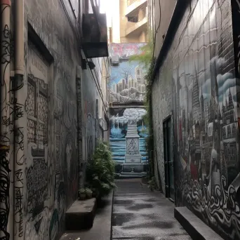 Image of an alleyway covered in graffiti tags and stickers, creating a hidden urban gallery - Image 1