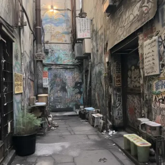 Image of an alleyway covered in graffiti tags and stickers, creating a hidden urban gallery - Image 4