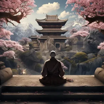 Lone monk meditating in a serene, stone-built monastery garden filled with cherry blossoms - Image 1