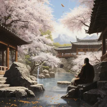 Lone monk meditating in a serene, stone-built monastery garden filled with cherry blossoms - Image 2