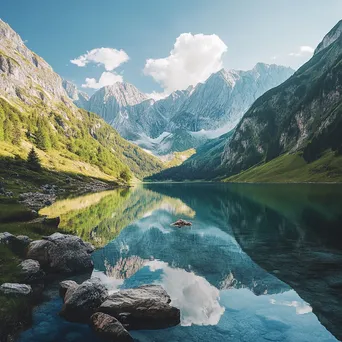 Mountain valley with a crystal-clear lake and towering peaks - Image 1