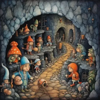 Illustration of children exploring a network of underground tunnels and caves with friendly gnomes - Image 4