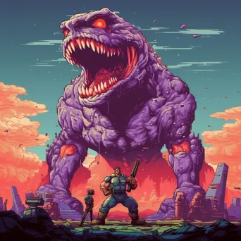 8-bit style pixel art of a vividly colored retro video game boss battle - Image 1