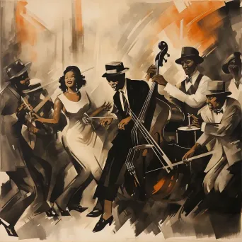 Ink and wash illustration of an energetic Harlem Renaissance jazz scene - Image 1