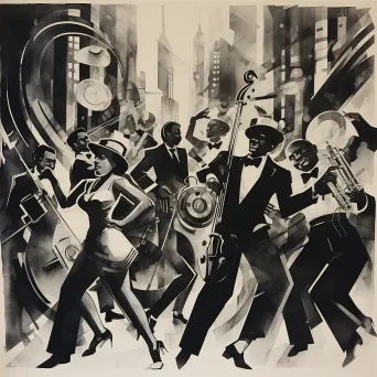 Ink and wash illustration of an energetic Harlem Renaissance jazz scene - Image 4