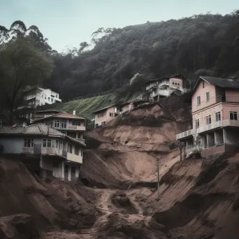 Illustration of a mudslide in a hilly area with houses and trees being swept away by rushing mud. - Image 1