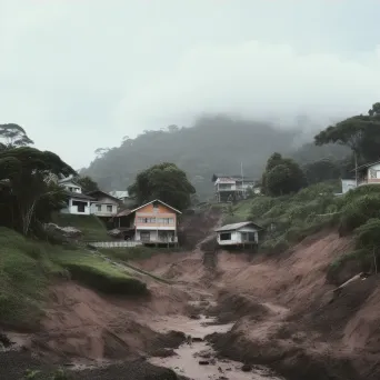 Illustration of a mudslide in a hilly area with houses and trees being swept away by rushing mud. - Image 4